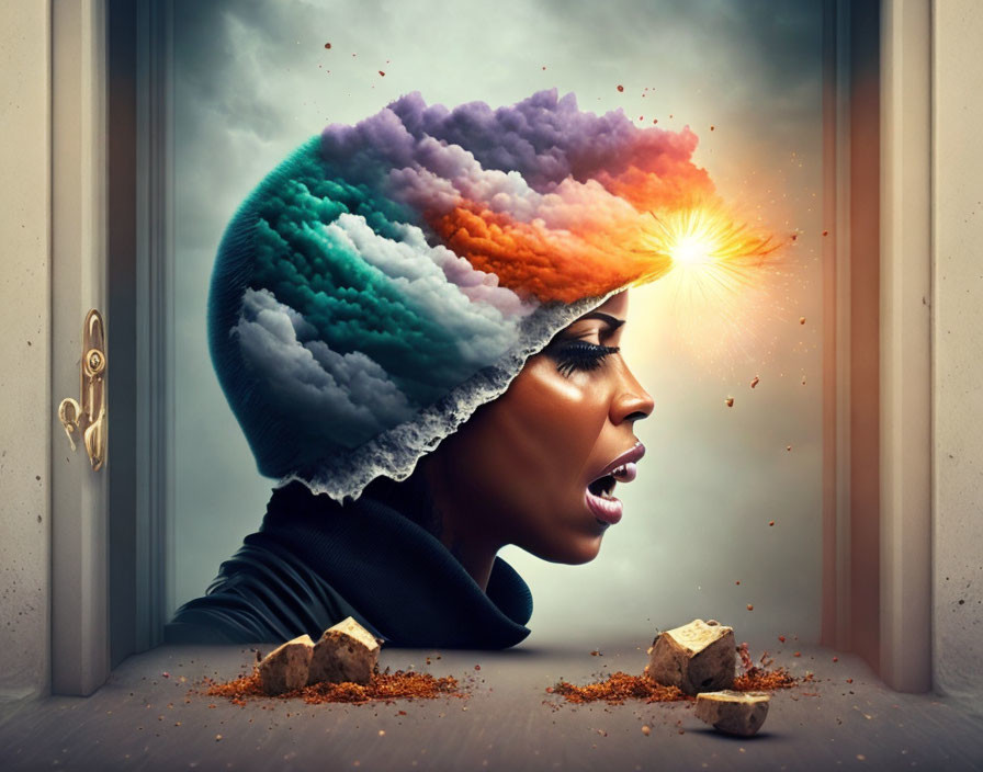 Colorful Cloud Hairstyle Woman Emitting Light Beam in Surreal Scene