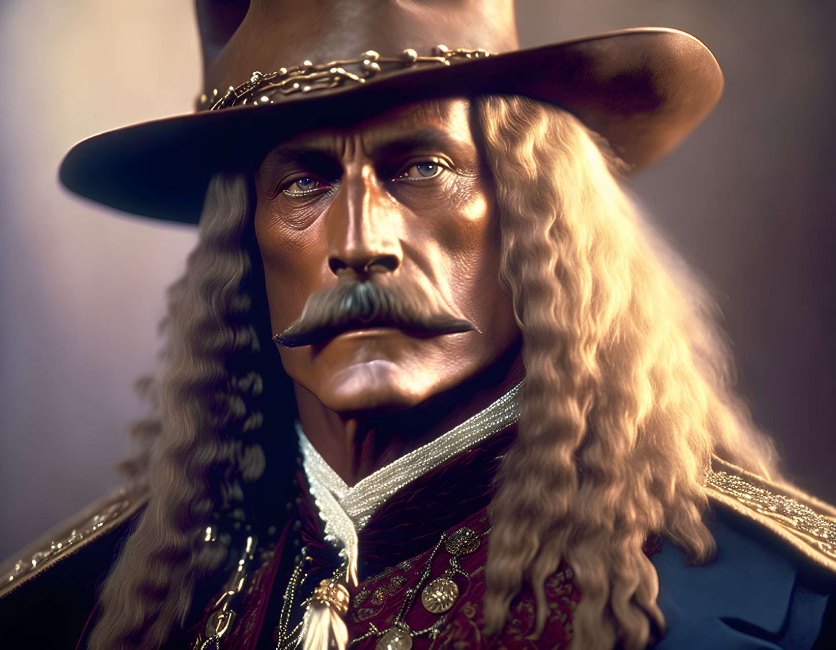 Portrait of character with long blond hair, mustache, wide-brimmed hat, ornate uniform