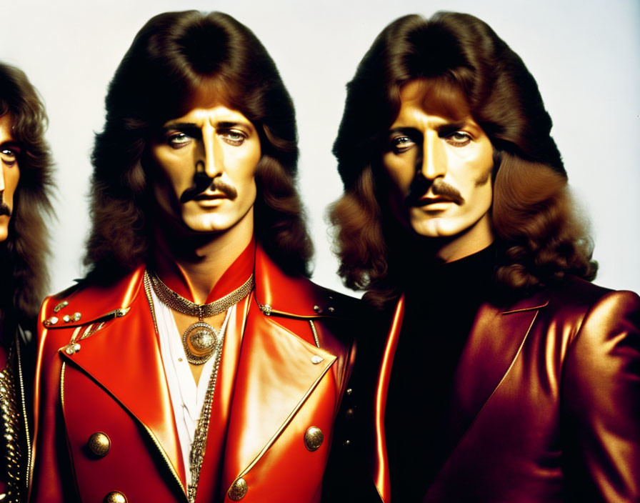 Three people in 1970s hairstyles wearing colorful military jackets