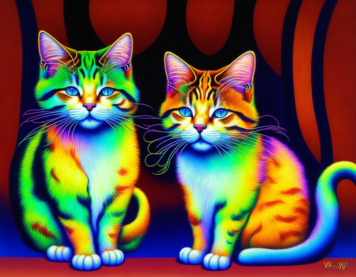 Vibrantly colored stylized cats on abstract red and blue background