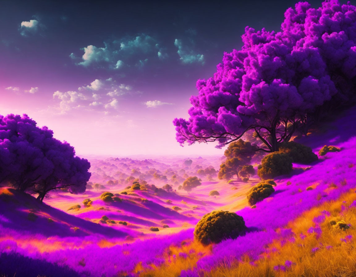 Colorful Fantasy Landscape with Purple Trees and Grass