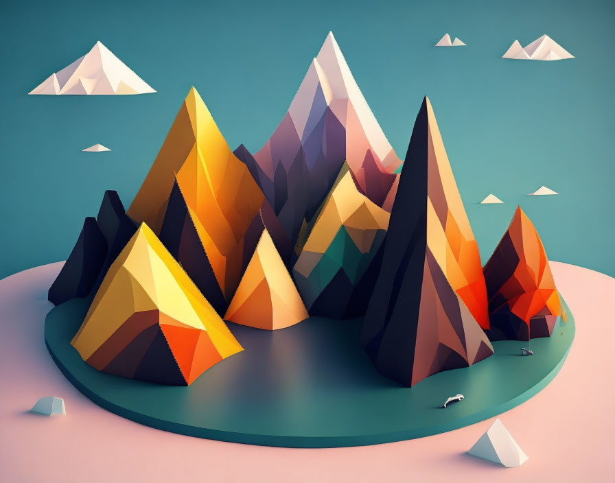 Colorful Low-Poly Mountain Range with Paper Planes on Turquoise Background