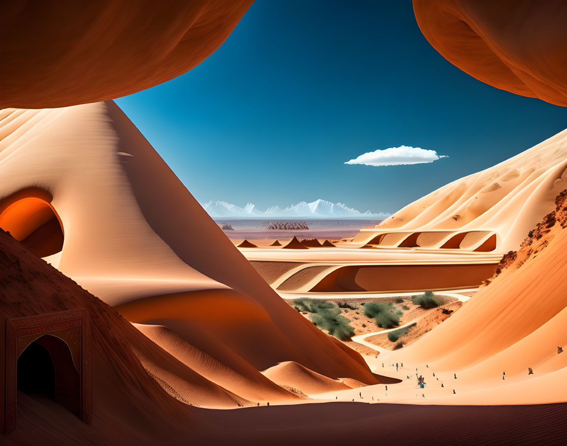 Surreal desert landscape with sand dunes, cloud, archway, and figures walking.