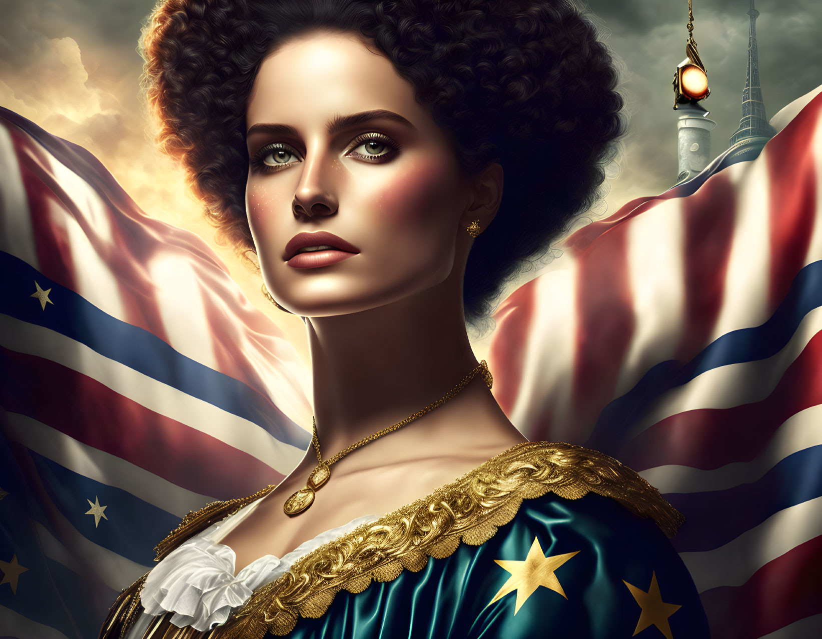 Intense gaze curly-haired woman in blue dress with gold stars on American flag backdrop