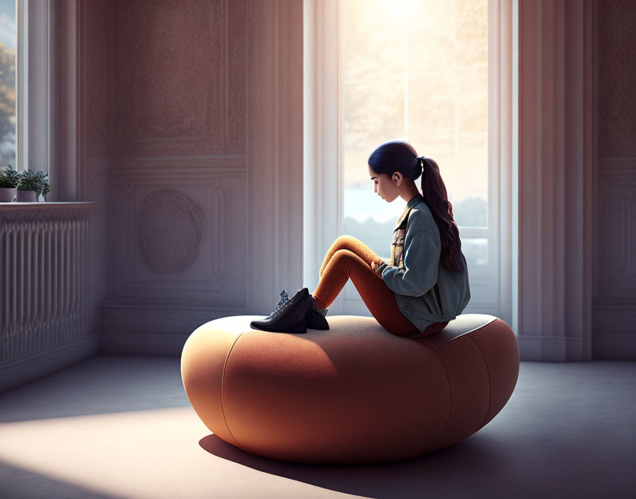 Person sitting cross-legged on orange cushion in sunlit room with classic panel walls