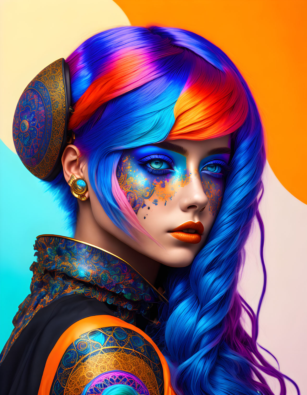 Colorful digital portrait of a woman with blue and orange hair and intricate gold earpiece against abstract backdrop