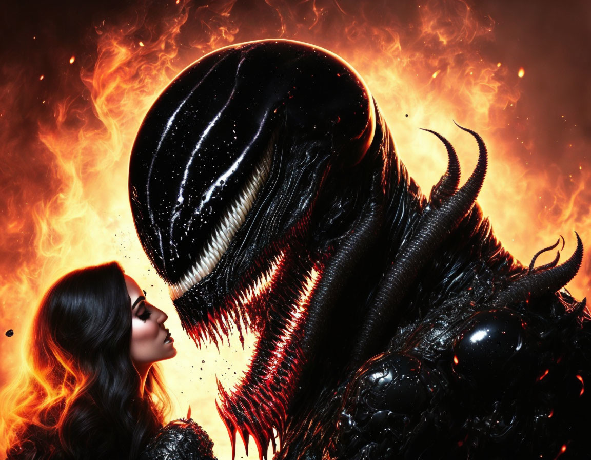 Woman and alien creature against fiery backdrop: intriguing sci-fi image.