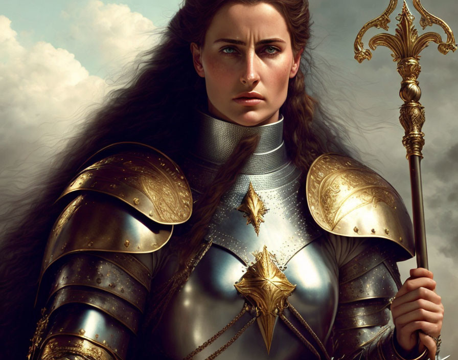 Digital artwork: Woman in silver armor with golden accents, holding a scepter, under cloudy sky