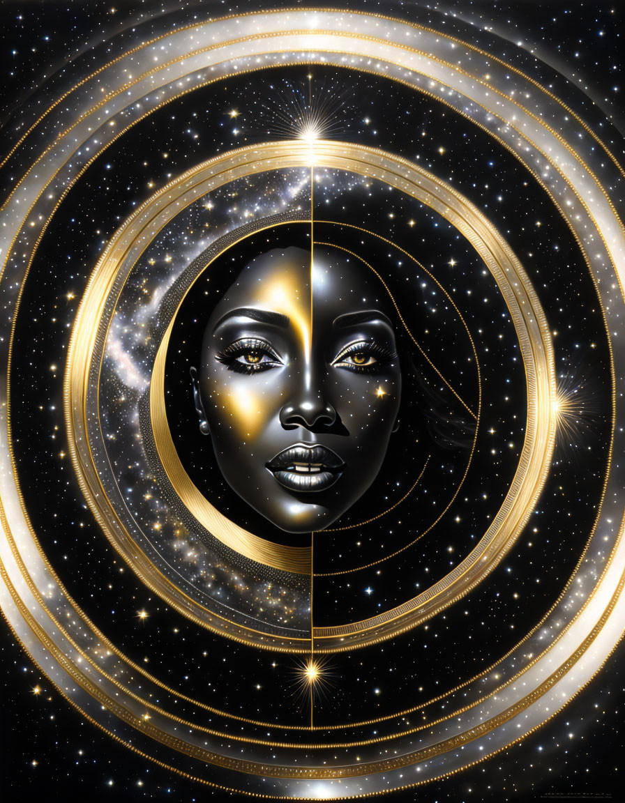 Cosmic portrait of woman's face surrounded by golden rings and stardust on starry background