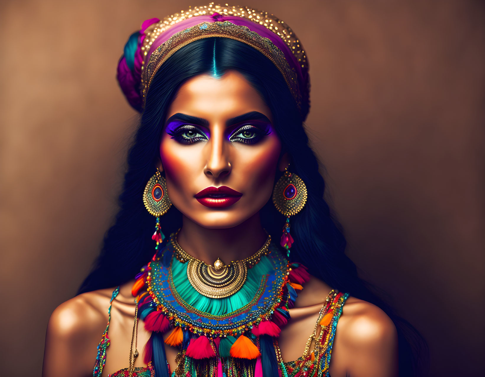 Colorful makeup, headpiece, and jewelry on woman against warm background