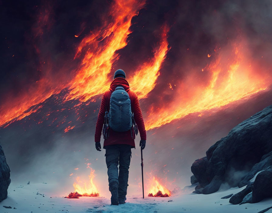 Person in Red Jacket Walks Toward Fiery Sky with Embers