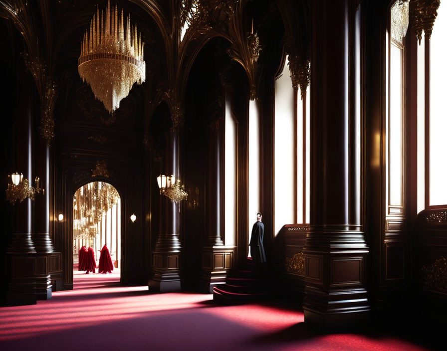 Ornate dark wood columns, red carpet, chandeliers in a grand hall with sunlight and