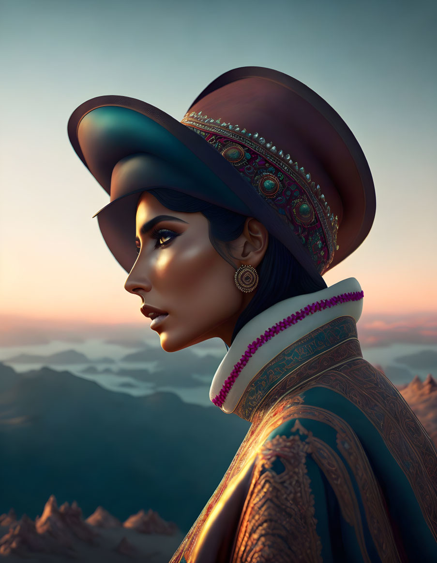 Profile portrait of woman in wide-brimmed hat against mountain sunrise.