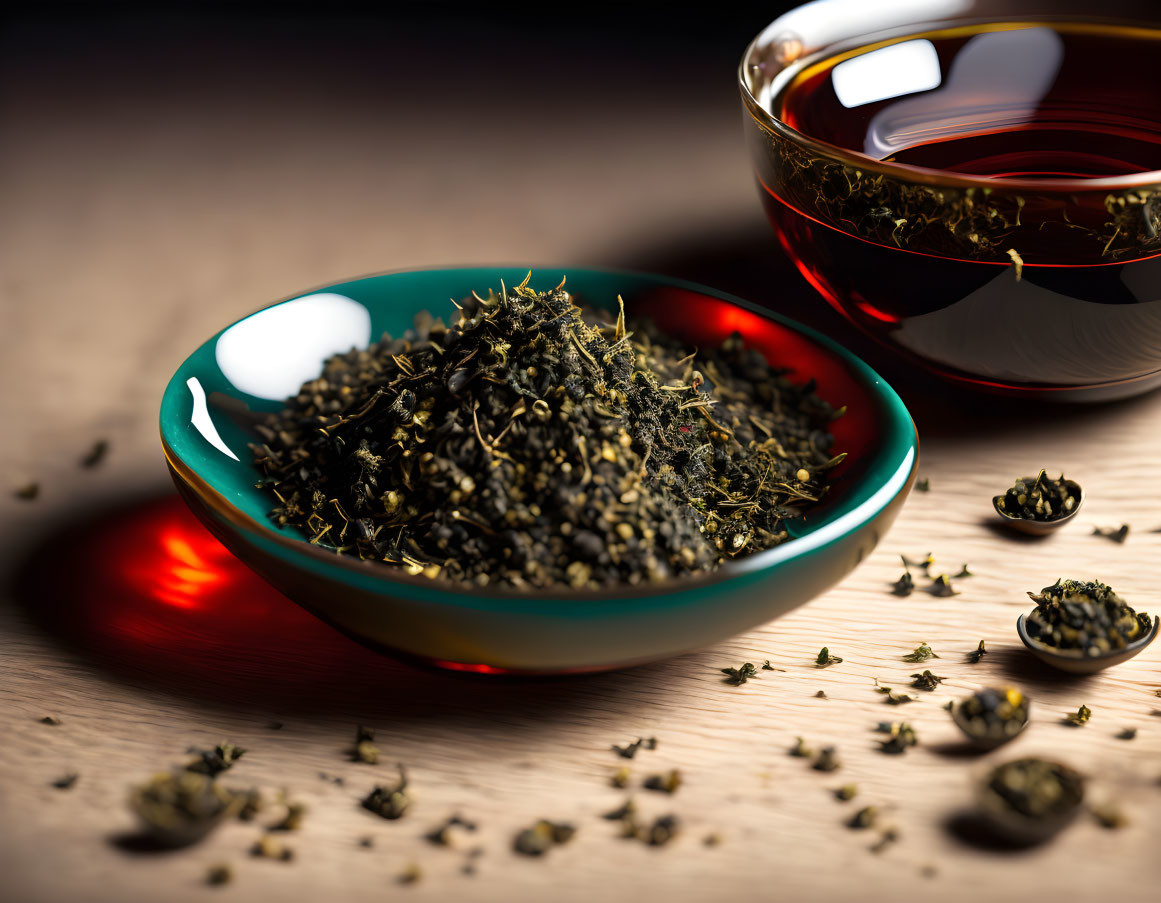 Loose Dried Tea Leaves and Brewed Tea Cup on Wooden Surface