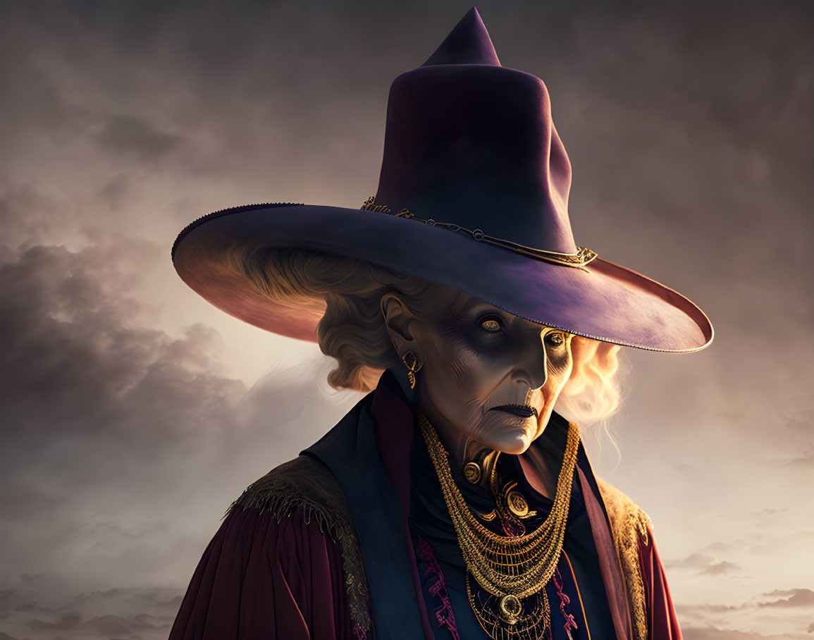 Elder witch with purple hat and golden accessories against cloudy sky