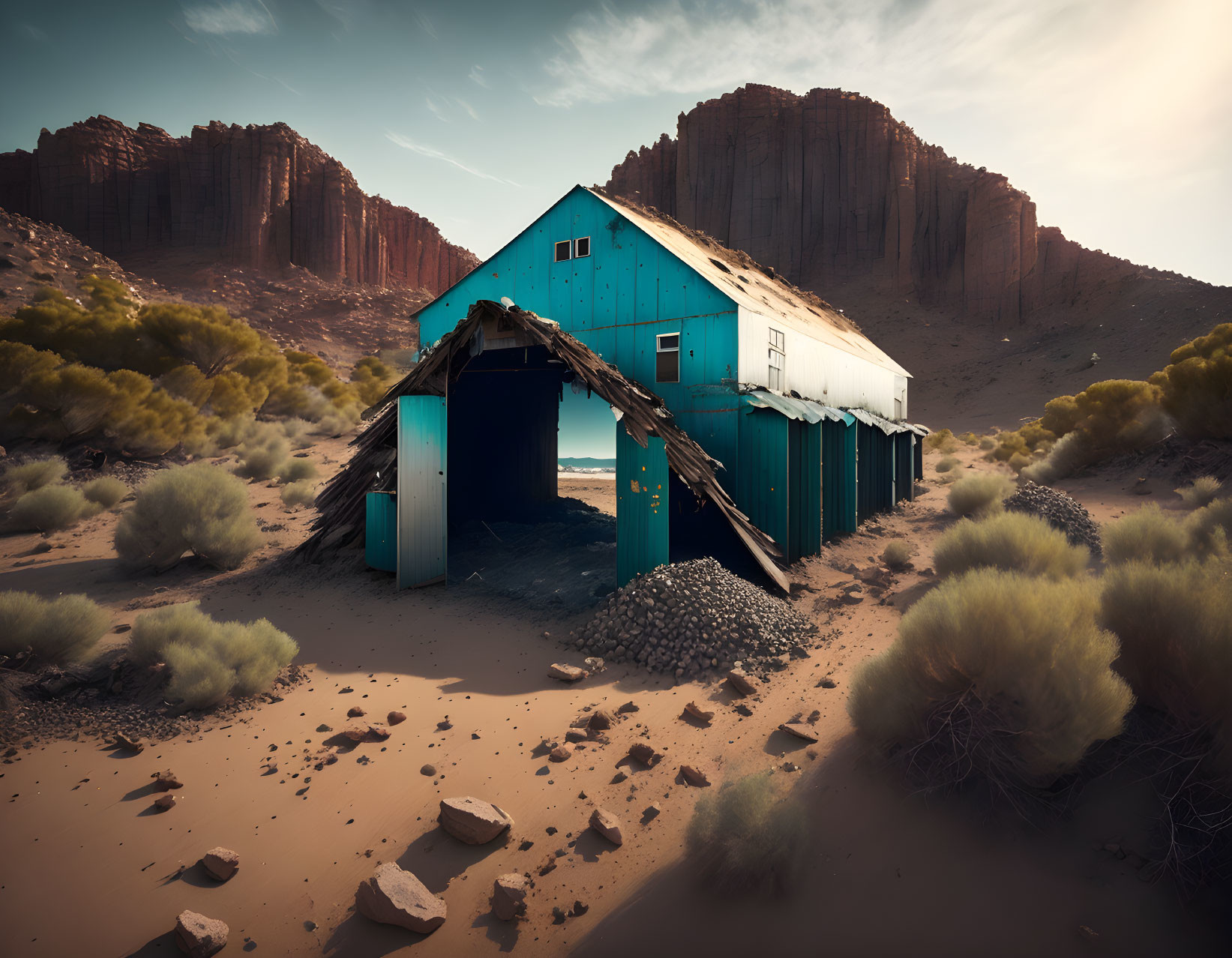 Desert landscape with dilapidated blue structure