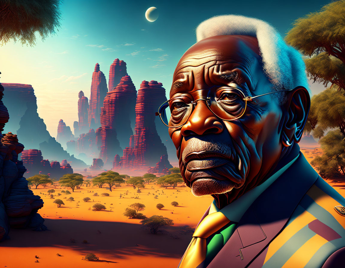 Colorful Stylized Elderly Man in Desert Landscape Illustration