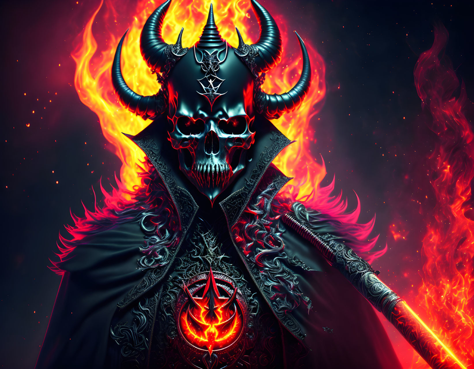 Sinister demon with skull face and pentagram necklace in fiery hellish landscape