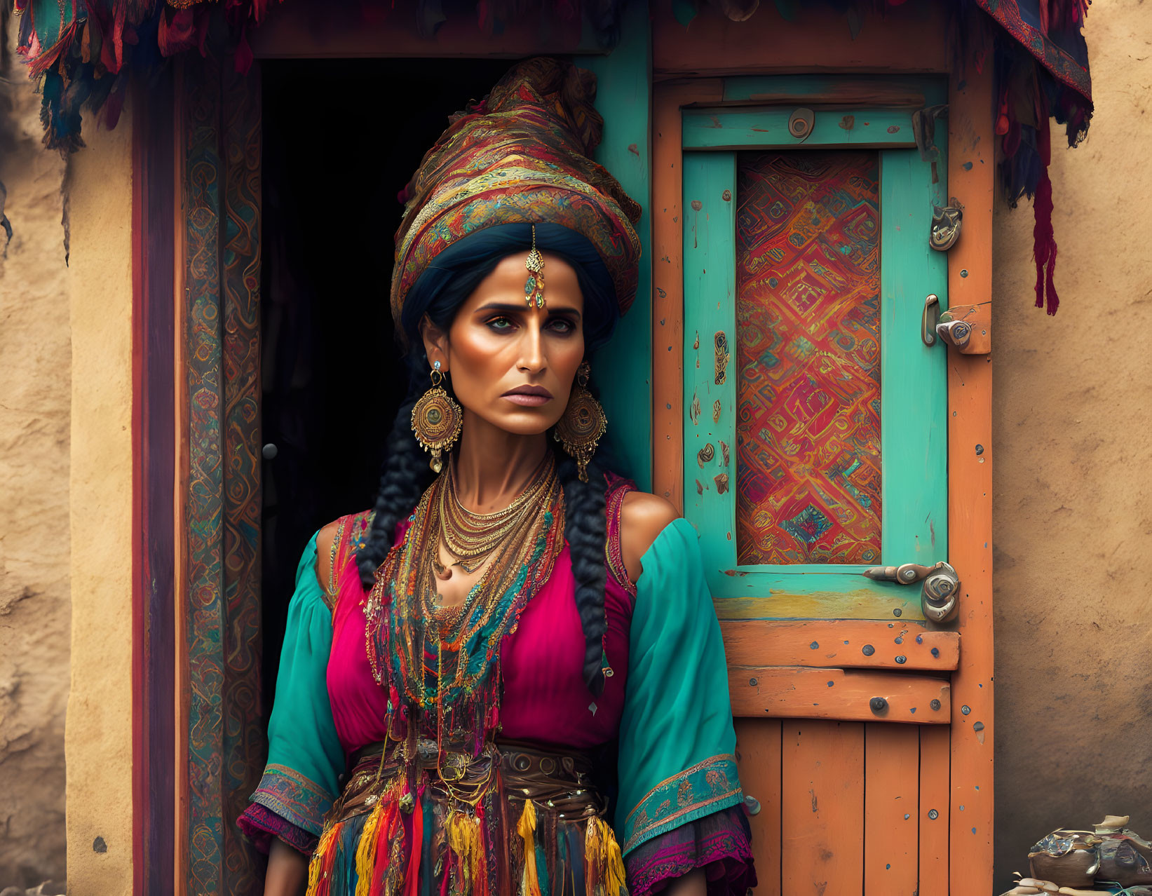 Traditional attire woman with ornate jewelry by rustic door