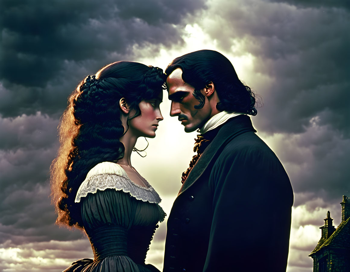 Man and woman in period costumes gaze against dramatic cloudy sky.