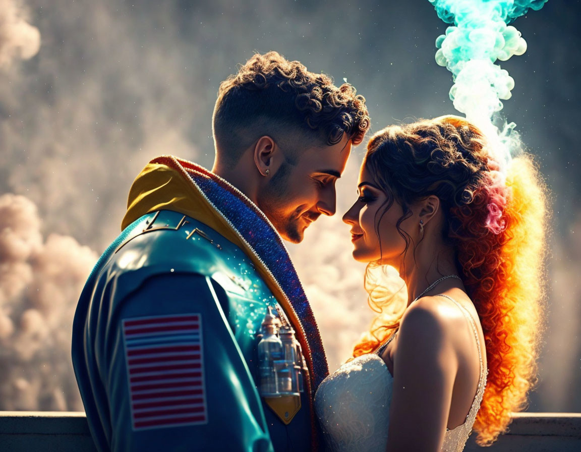 Couple in festive attire with colorful smoke creating a magical atmosphere