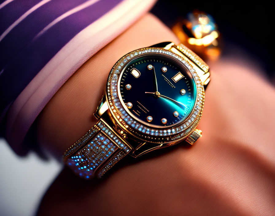 Gold Watch with Diamond-Encrusted Bezel & Bracelet on Silky Fabric