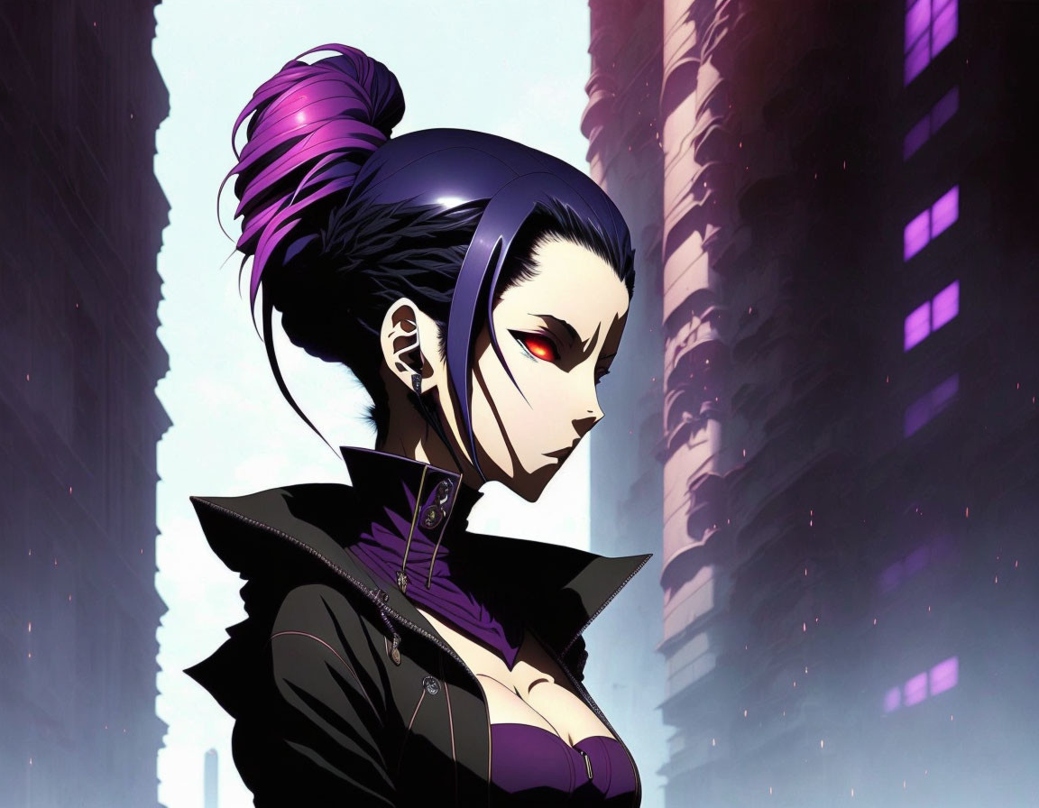 Purple Ponytail Female Character in Dark Outfit with Red Eye in Cityscape Setting