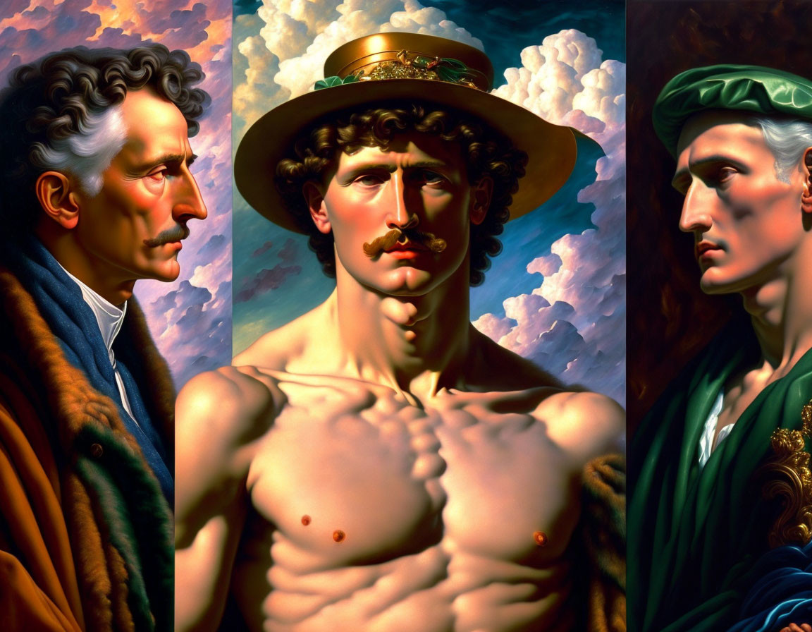 Stylized portraits of men in fur coat, shirtless with hat, and green attire with cap