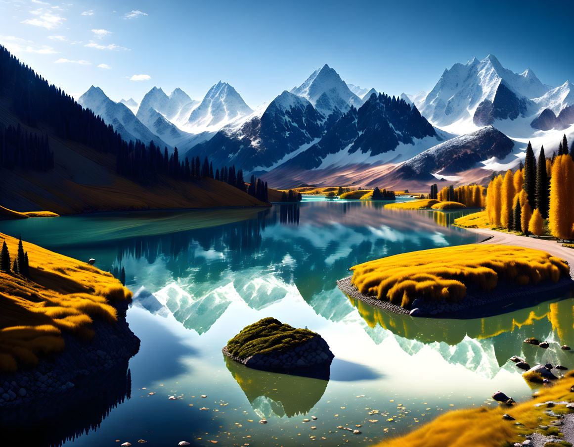 Snow-capped mountains reflected in crystal blue lake with golden forests