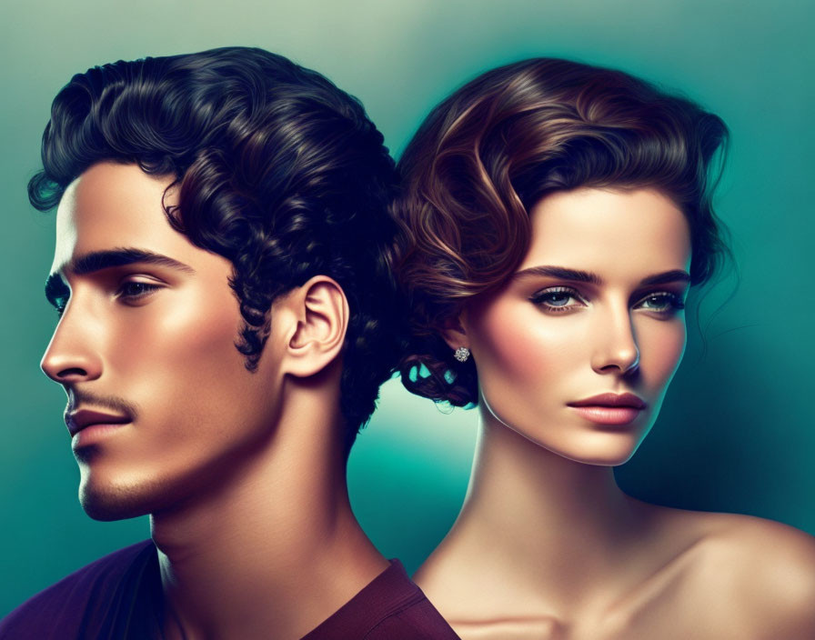 Stylish side profile portrait of man and woman on teal background