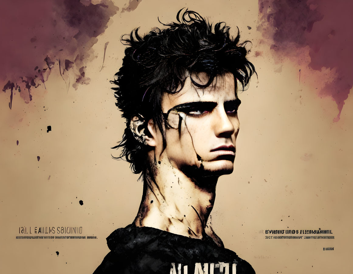 Artistic portrayal of person with tousled hair and dark eye makeup on splattered paint background