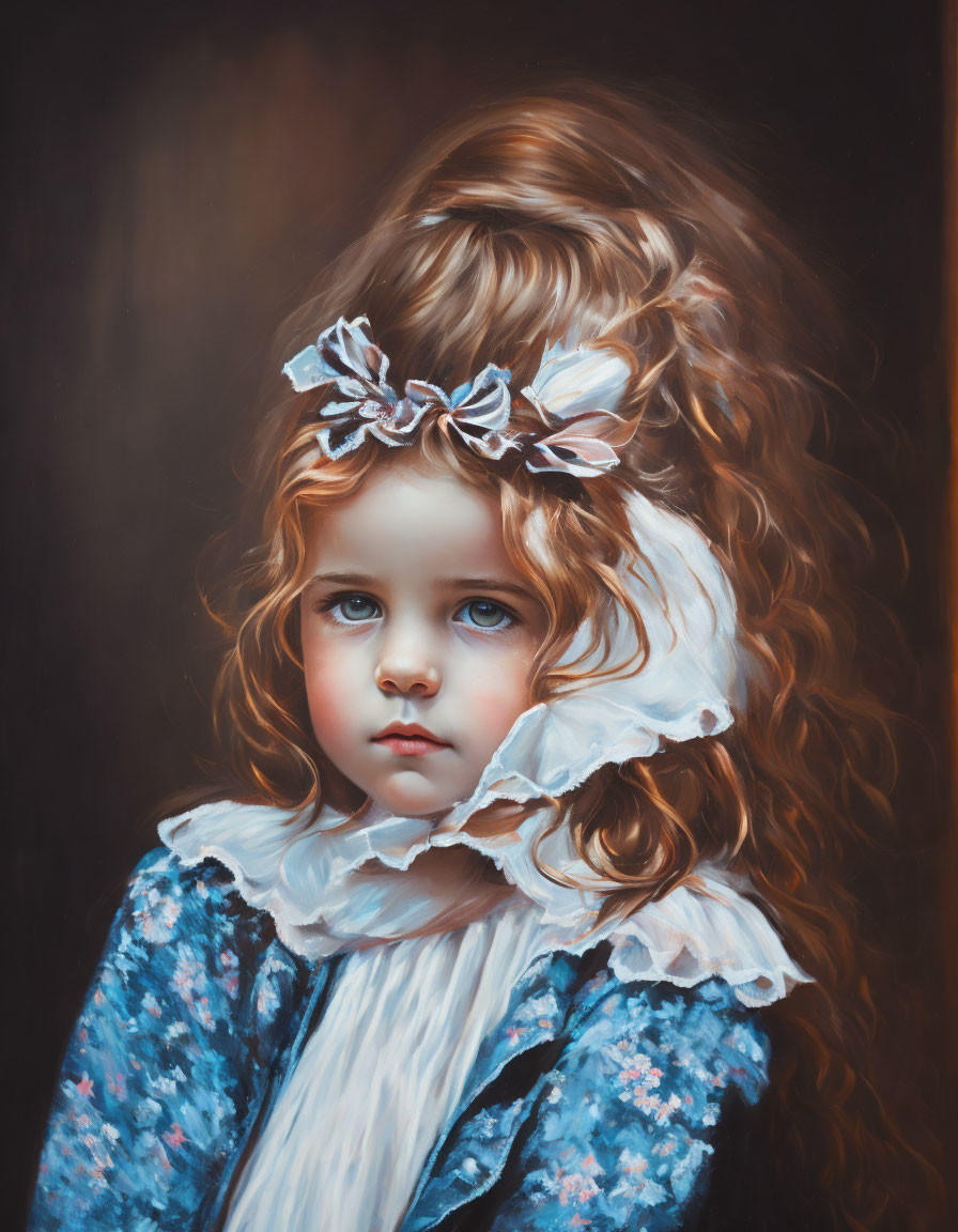 Young girl portrait: wavy hair, flower headband, frilly collar, pensive expression