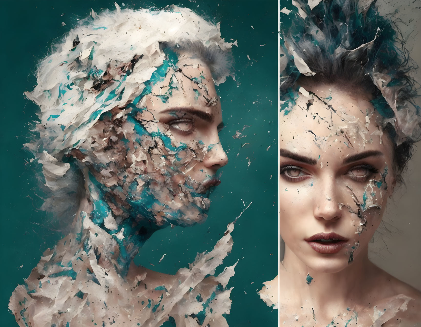 Portrait of woman with textured turquoise peeling paint effect, half face covered, symbolizing transformation.