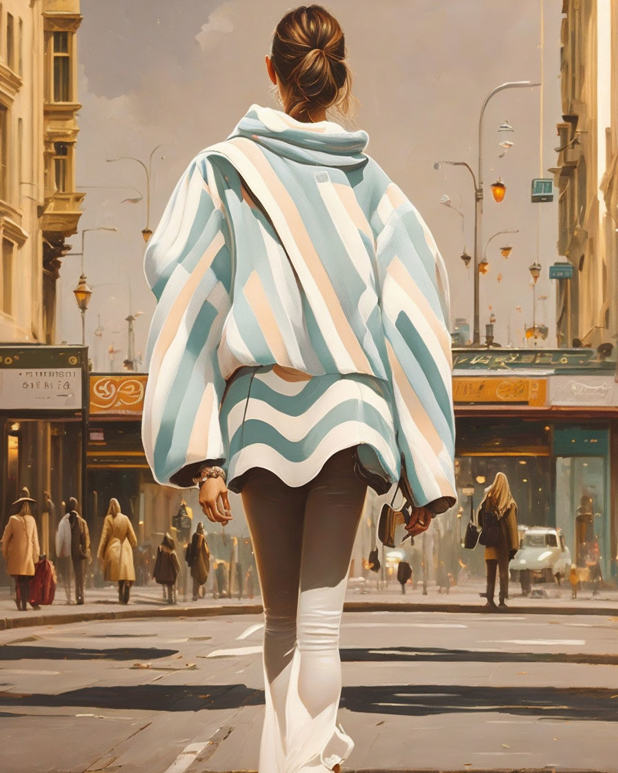 Woman in Blue and White Striped Hoodie Walking in City Street