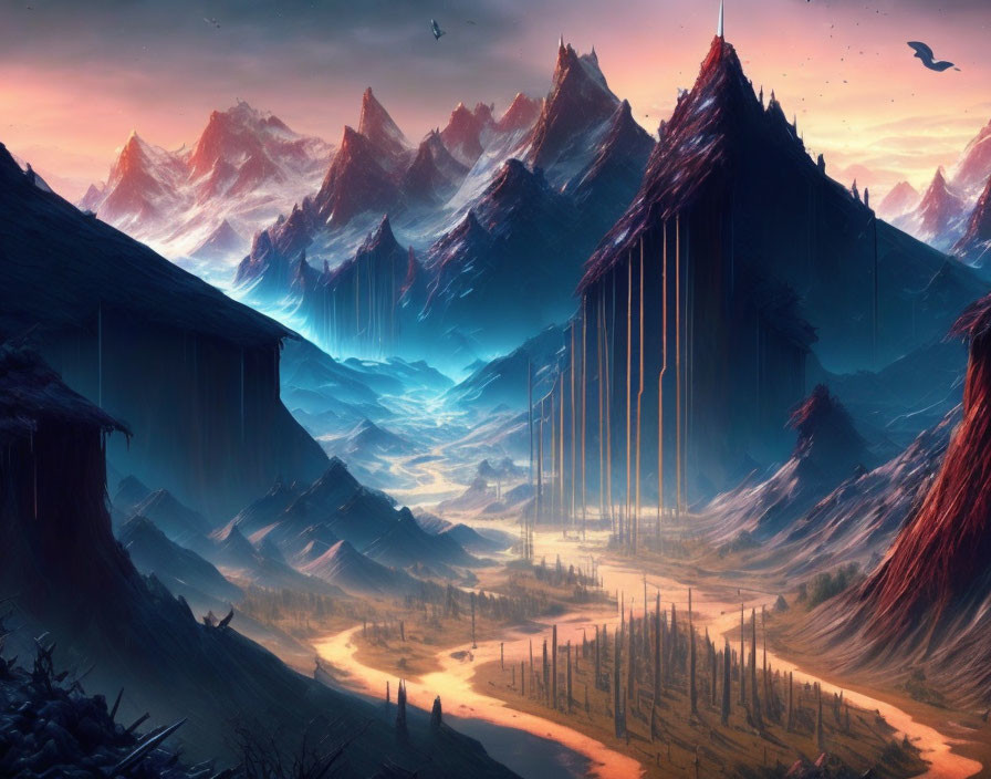 Majestic fantasy landscape with mountains, glowing river, waterfalls, and sparse forests