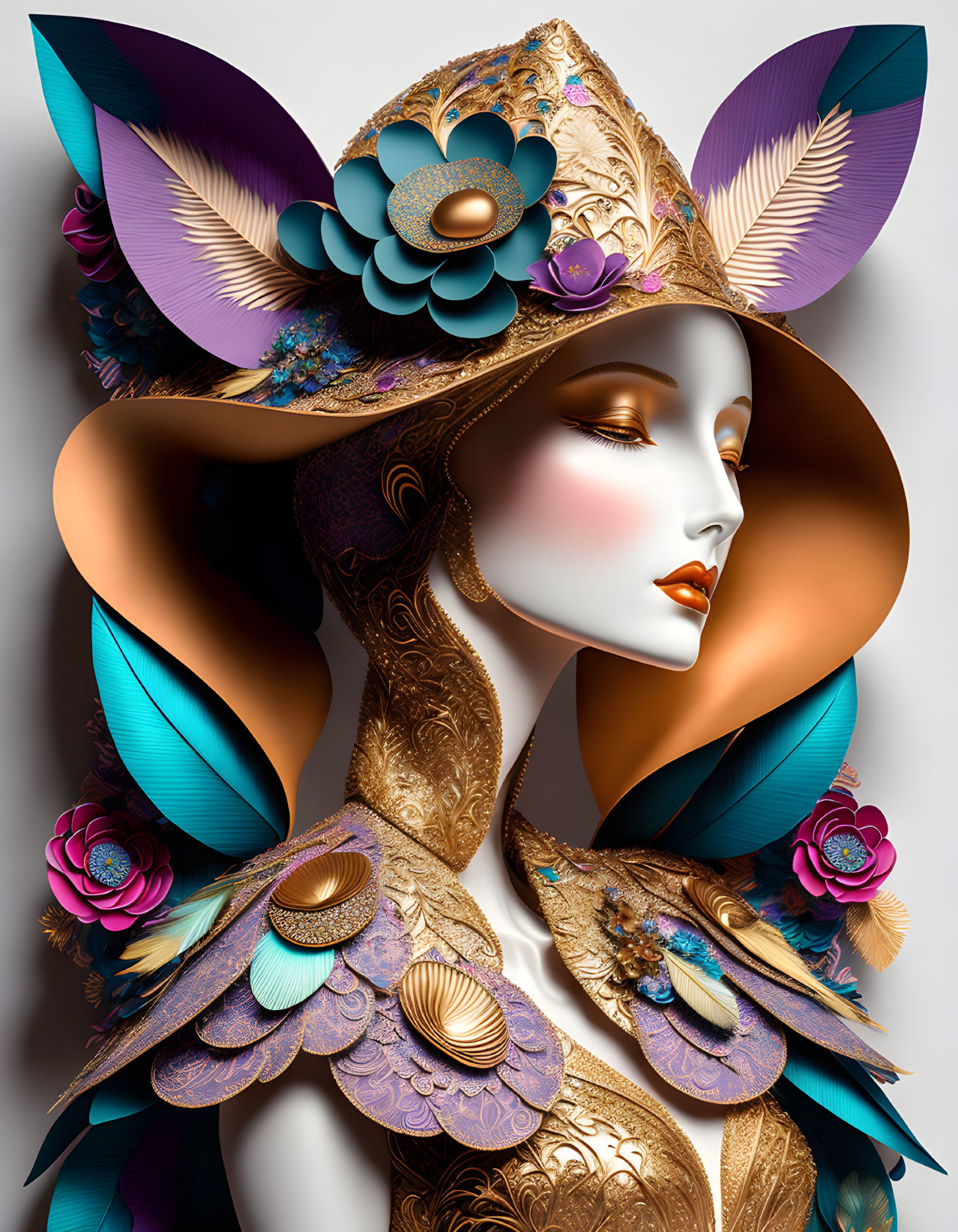 Stylized digital artwork of female figure with ornate gold headwear, feathers, and floral details