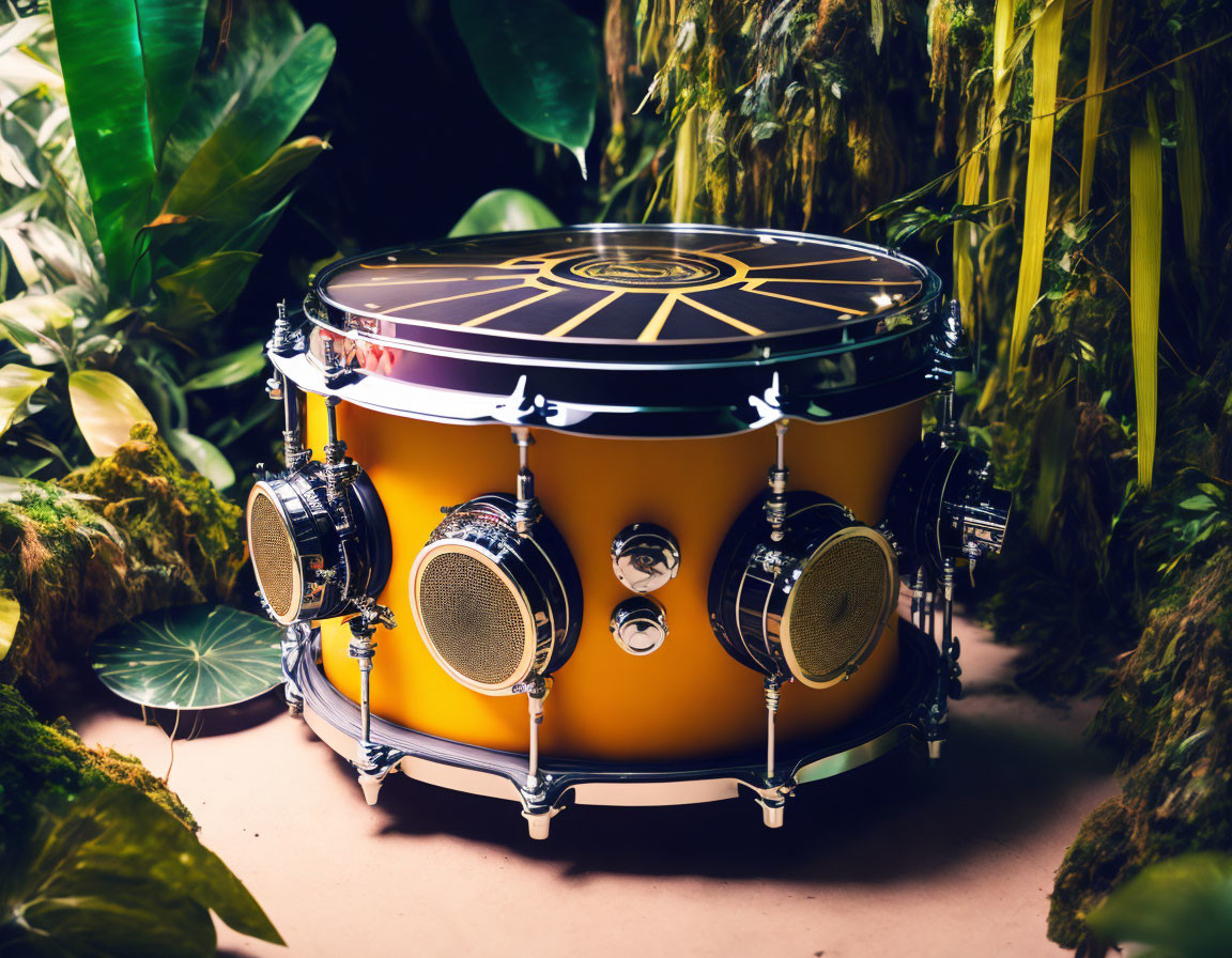 Custom Gold to Black Gradient Snare Drum with Chrome Hardware in Green Plant Setting