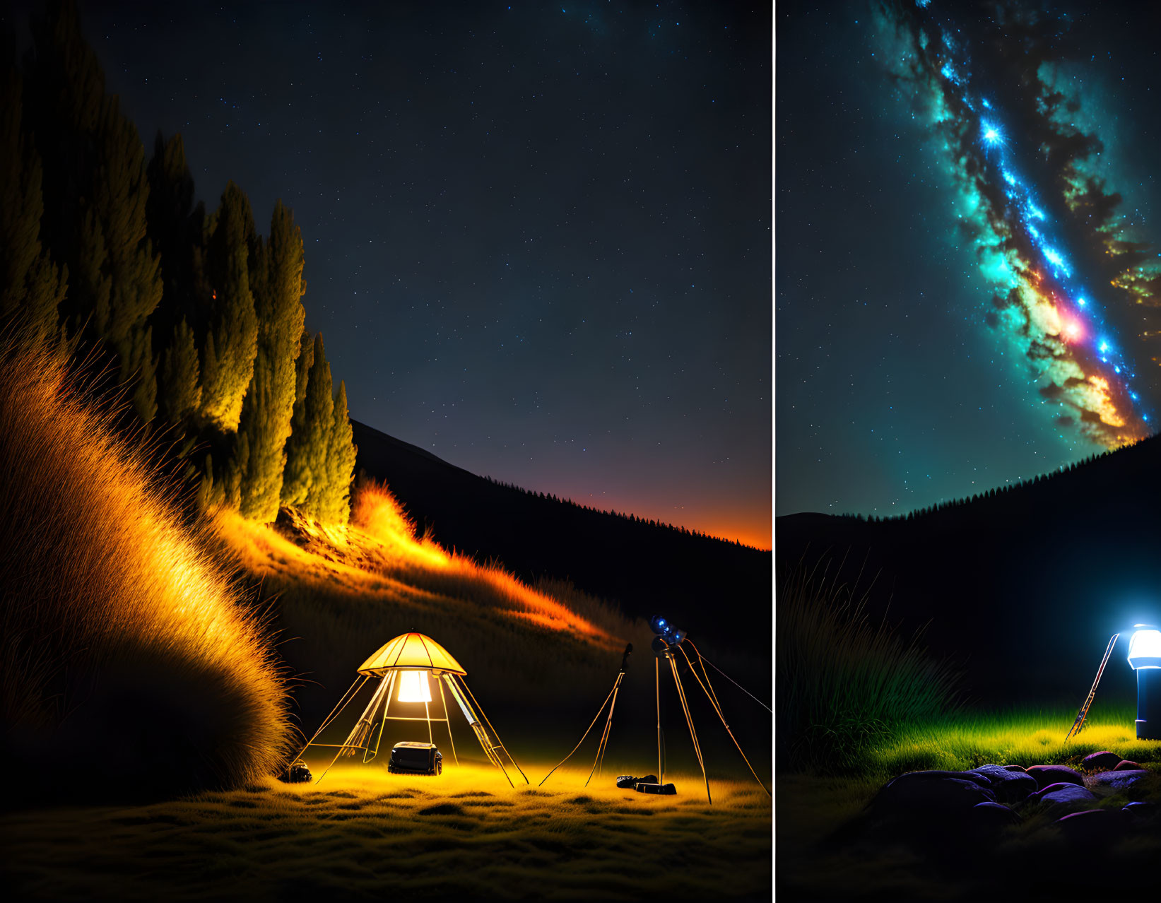 Night Camping Scene: Tent Glowing Amidst Trees, Stars, and Camera Tripod