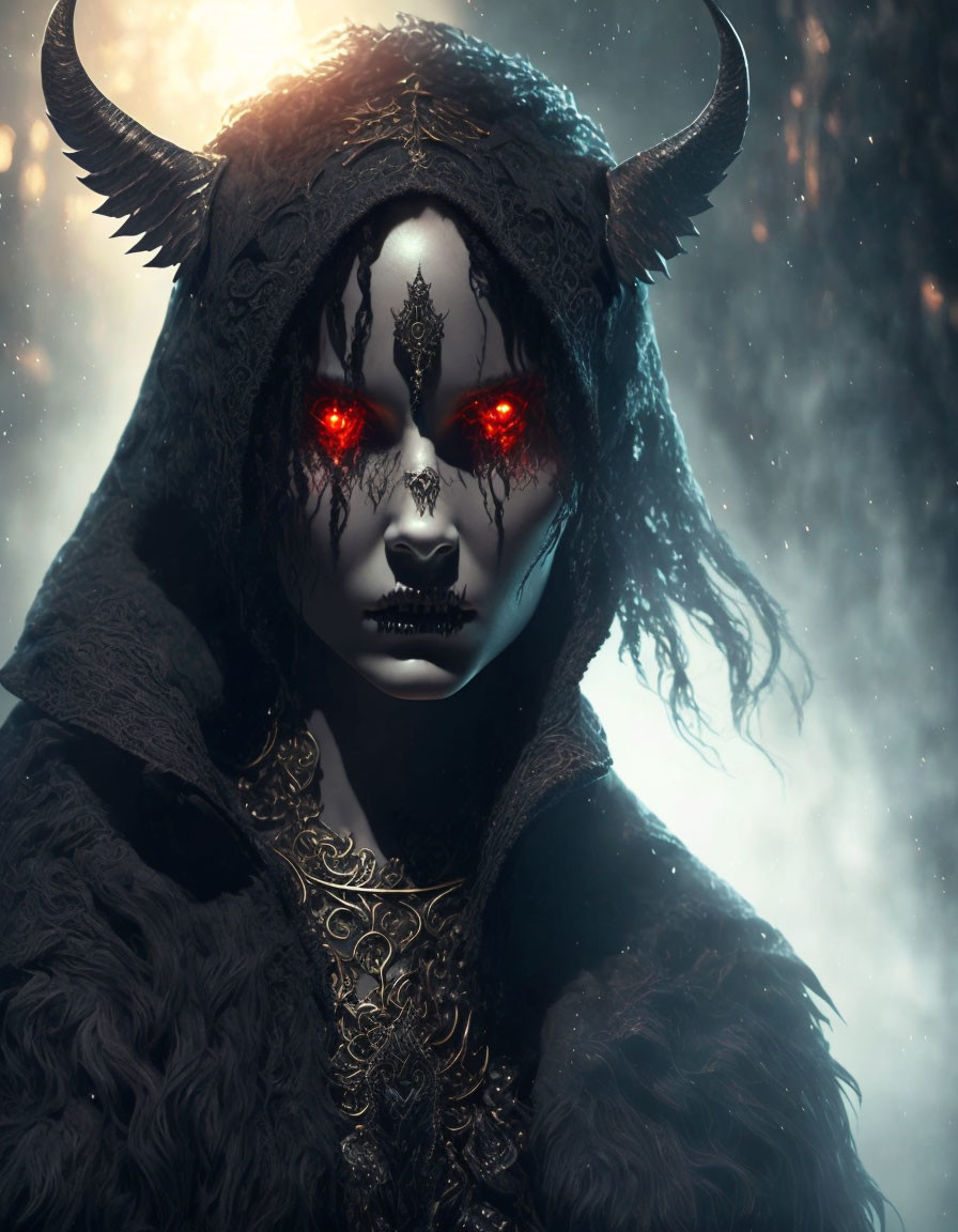 Mystical figure with glowing red eyes and horned headgear in snowy setting