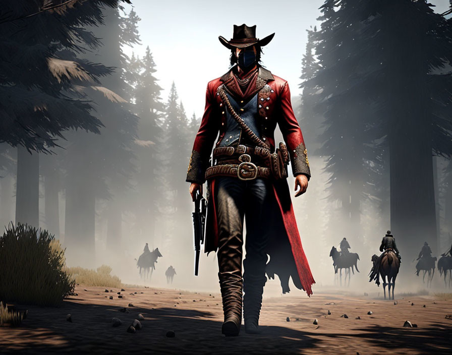 Cowboy in red coat and hat with rifle walking in forest path with riders in misty background