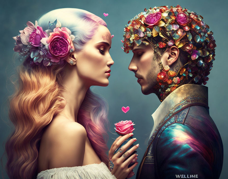 Couple with elaborate floral headpieces in romantic setting