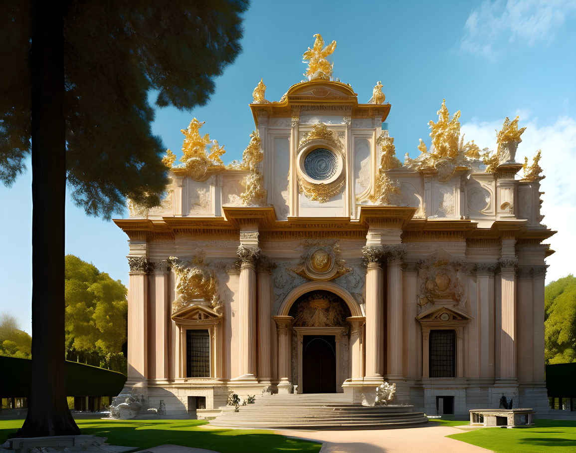 Baroque-style facade with gold details and sculptures under blue sky