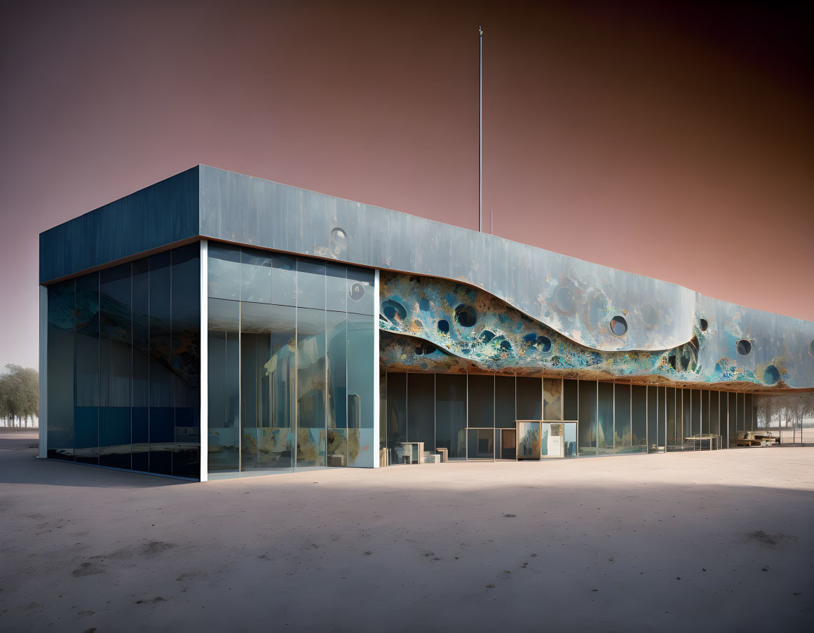 Reflective glass facade and blue paneling on modern building in sandy area