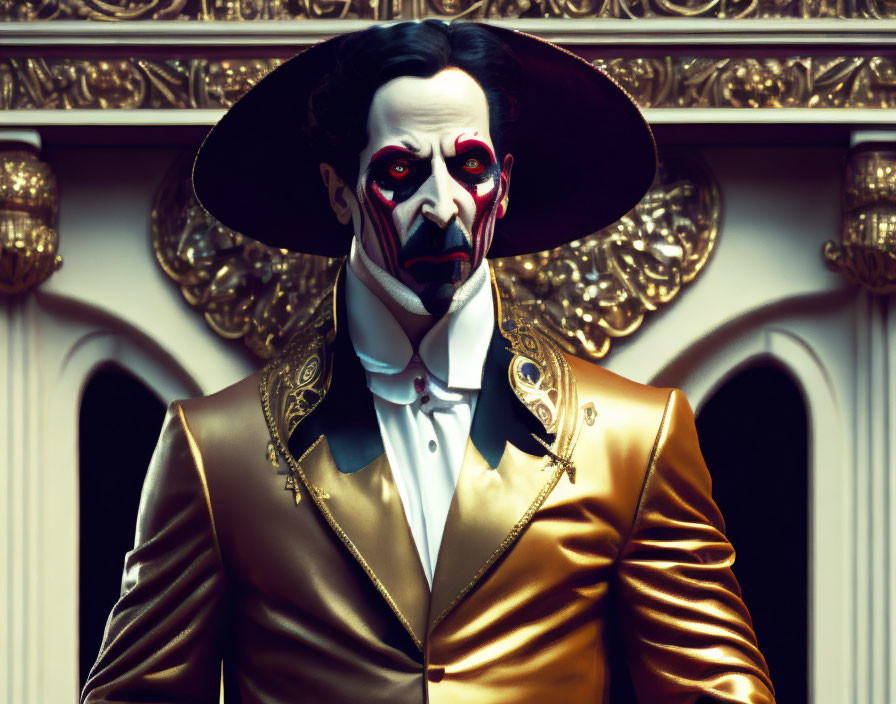 Person in gold jacket with menacing face paint against decorative background