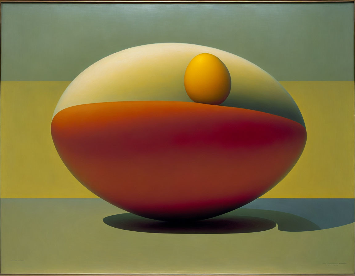 Surreal painting of large red and cream object with small yellow sphere