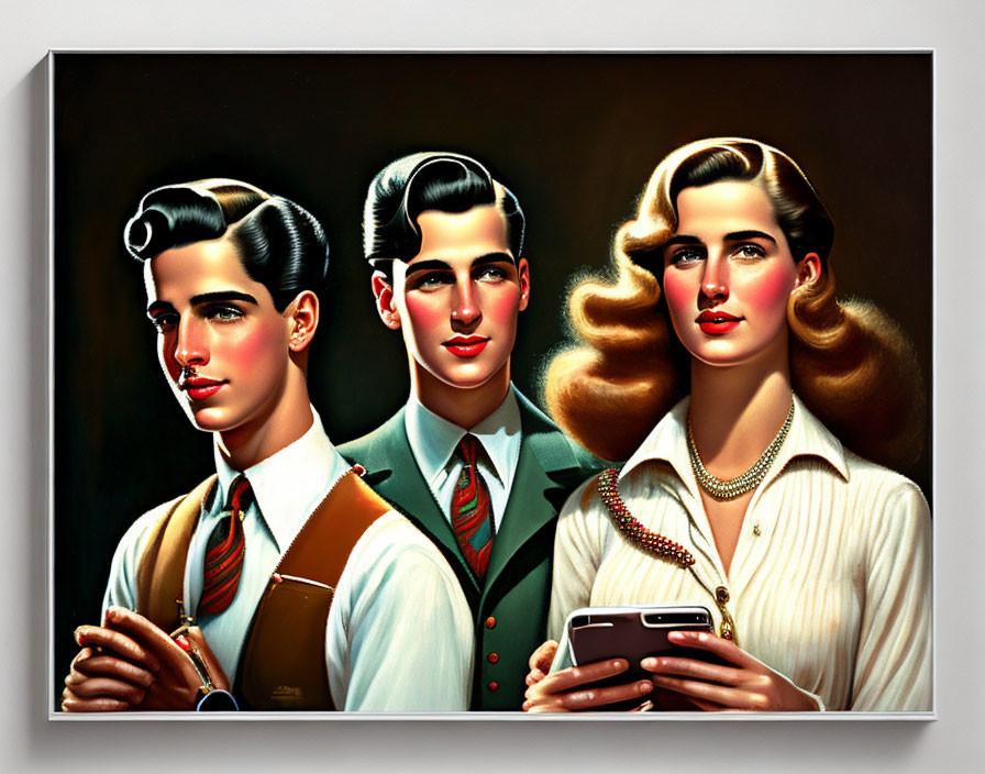 Vintage Hairstyles: Stylish Trio in Suits and Blouse with Smartphone