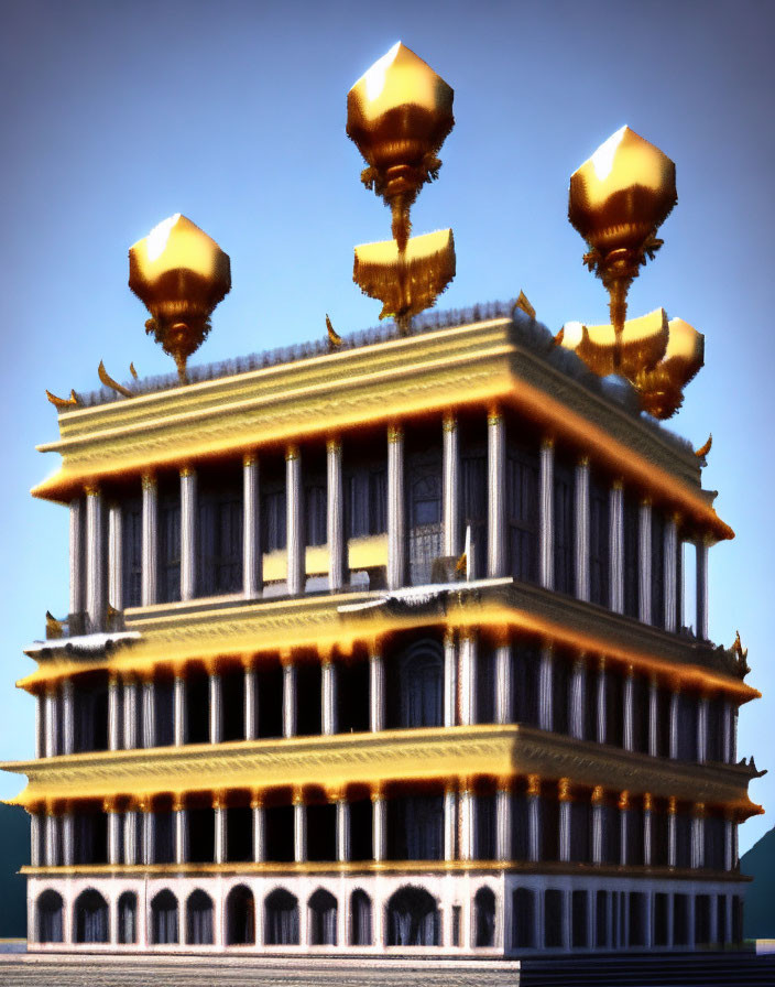 Digital rendering of ornate traditional building with golden roofs