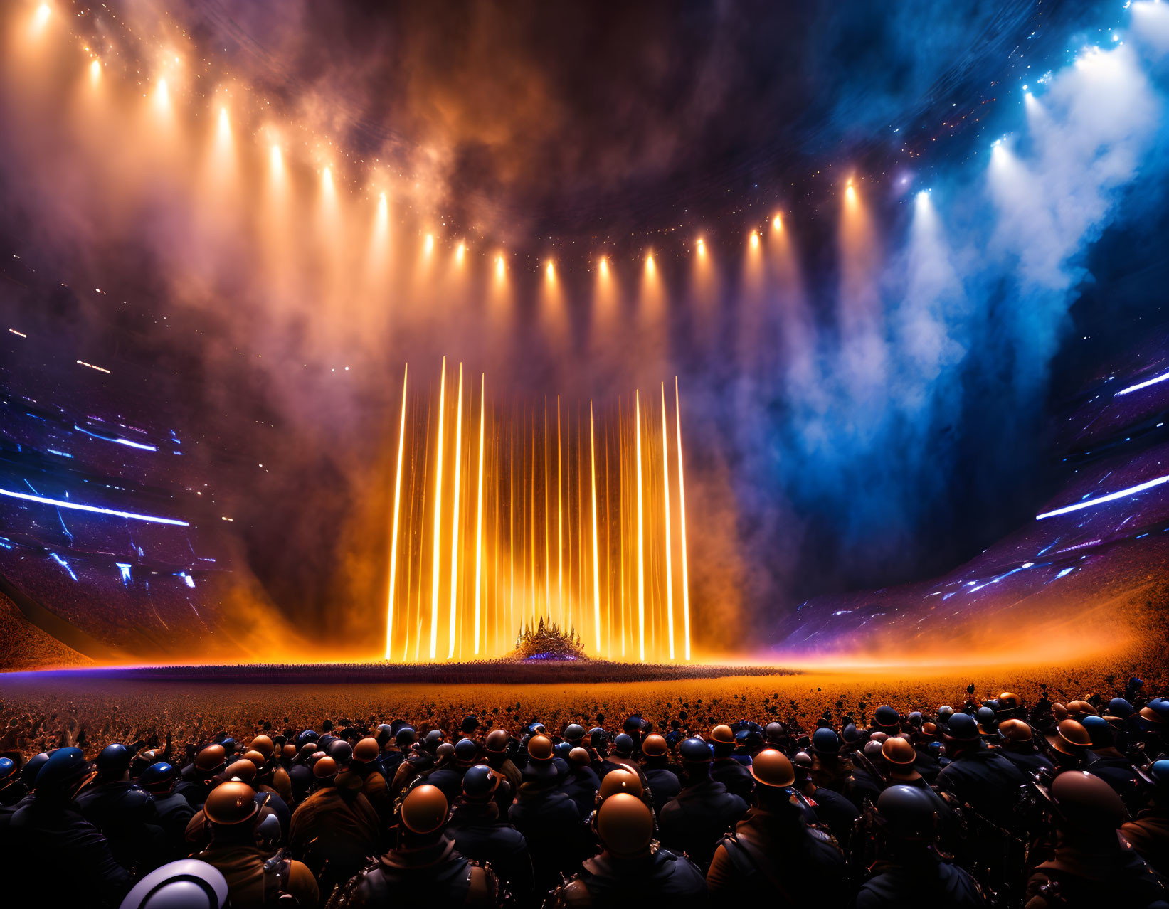 Crowd Silhouettes Under Cosmic Sky with Golden Light Beams