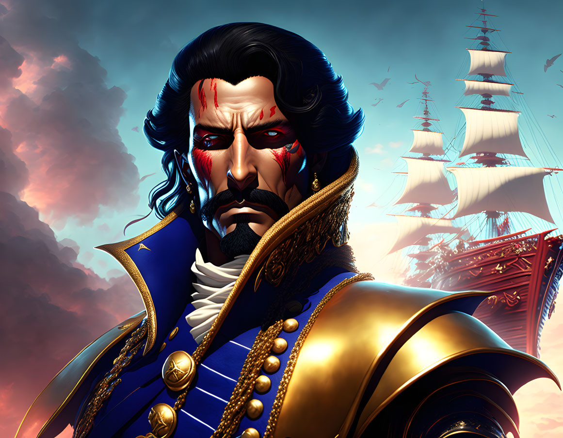 Digital artwork: Stern man with beard in blue & gold jacket, red face paint, ship & clouds