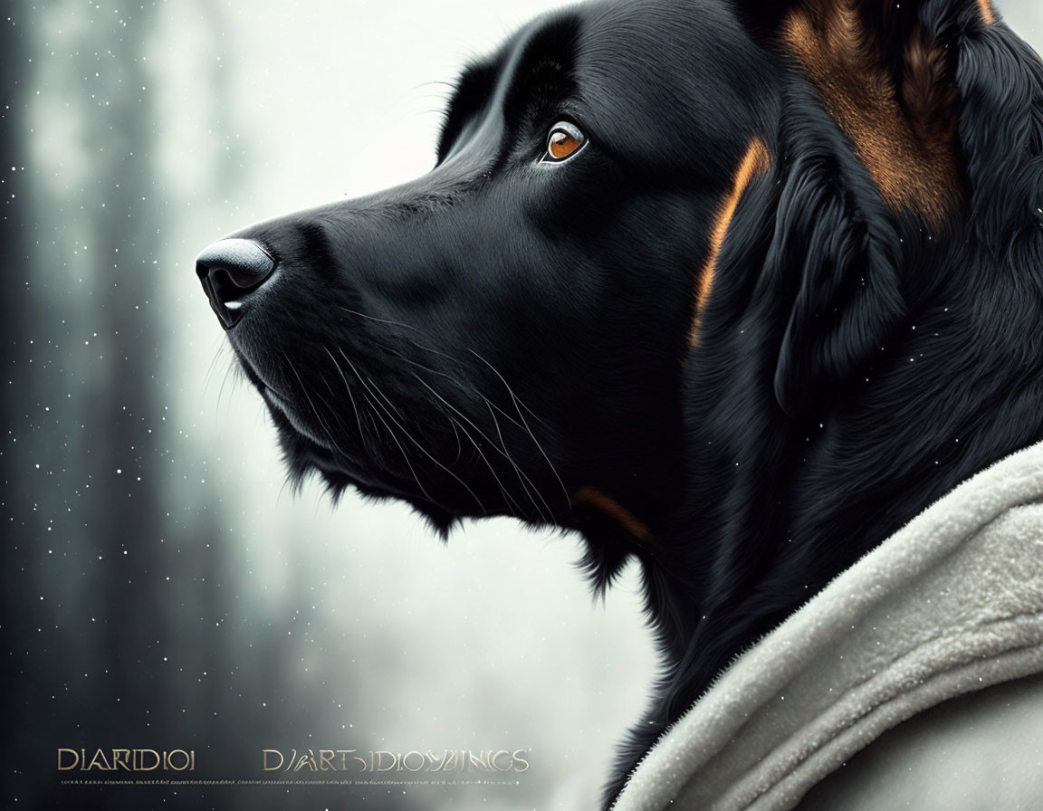 Black dog with glossy coat and brown markings in snowfall.